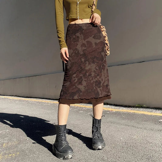 Fairy Grunge Aesthetics Brown Mesh Midi Skirts Y2K Streetwear Low Waist Printing A-Line Skirt Elfcore Outfits Retro Fall